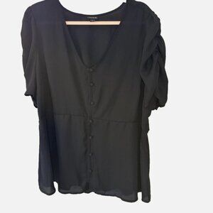 Torrid Black Chiffon Blouse Women Size 2 (2X) Button Front Ruched Sleeve Peplum
